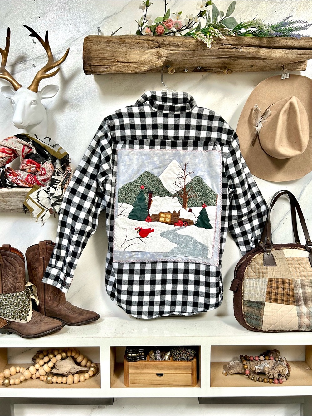 Artisan Cabin Christmas/holiday patchwork on Buffalo Check flannel cottage vibe